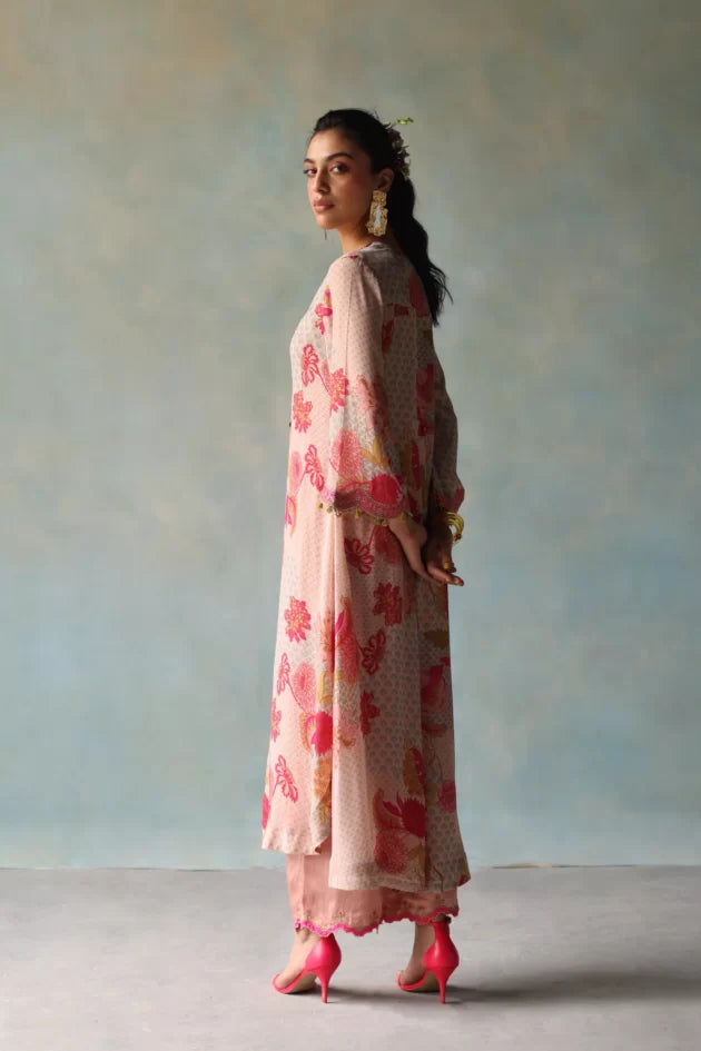GUL NUDE PINK PRINTED FRONT PLEAT KURTA SET by Rajiramniq for women in Singapore