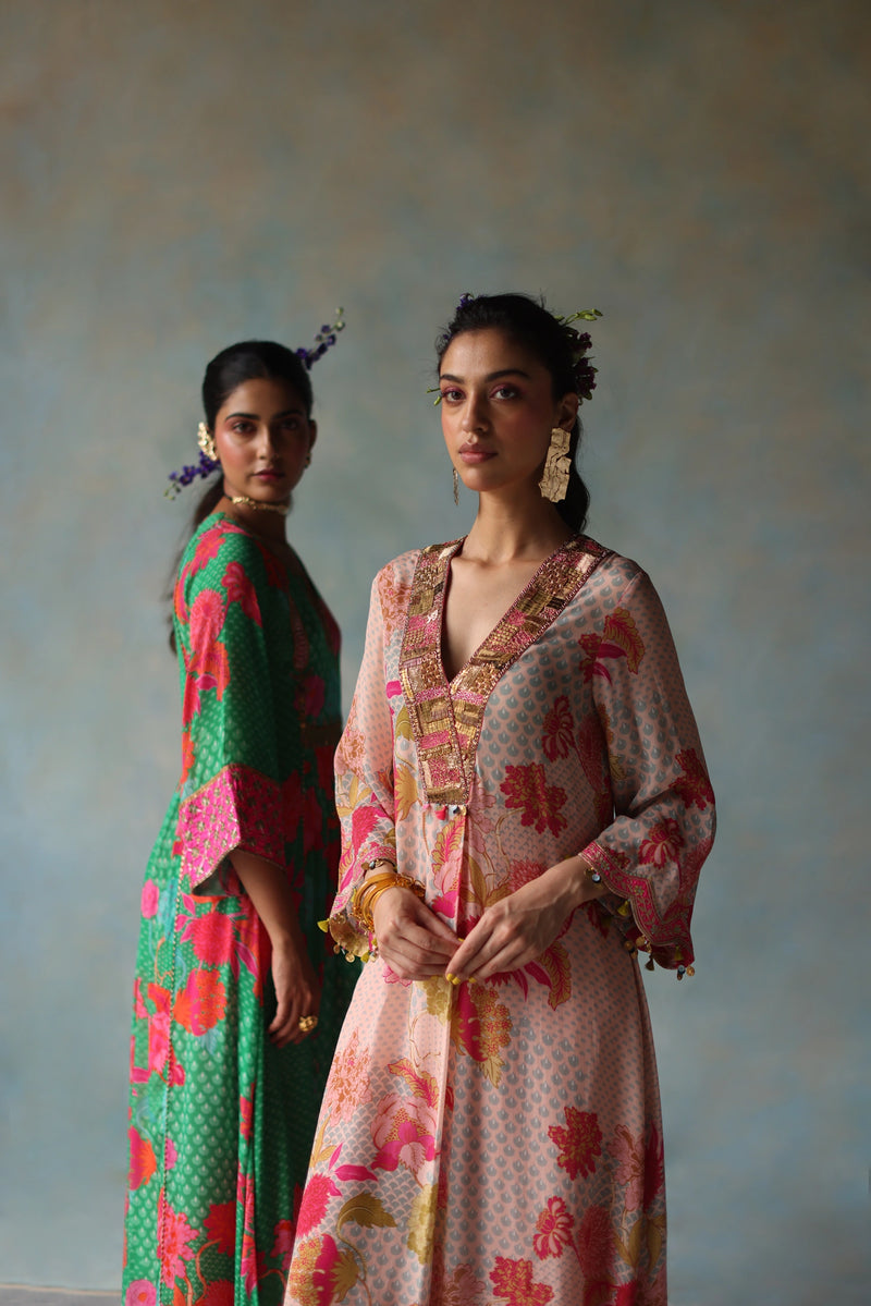 GUL NUDE PINK PRINTED FRONT PLEAT KURTA SET by Rajiramniq for women in Singapore