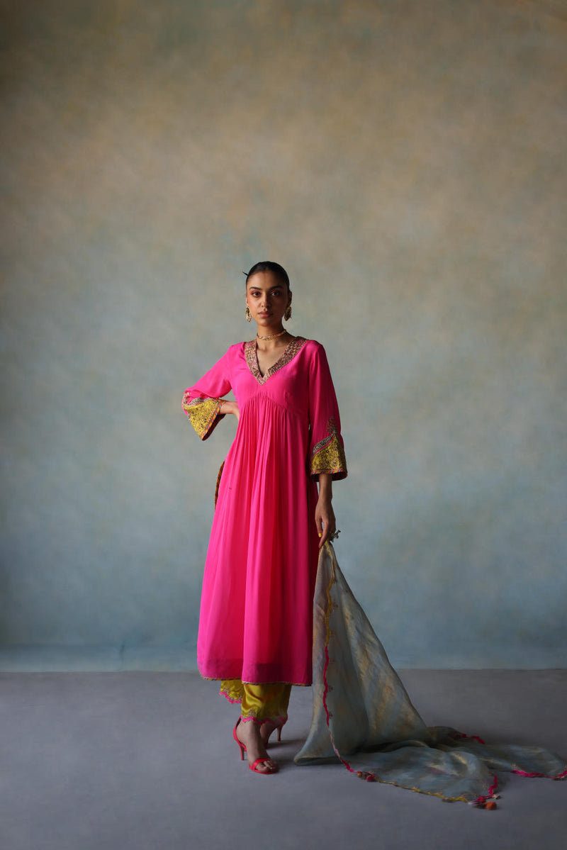 GUL HOT PINK BELL SLEEVE SILK KURTA SET by Rajiramniq for women in Singapore