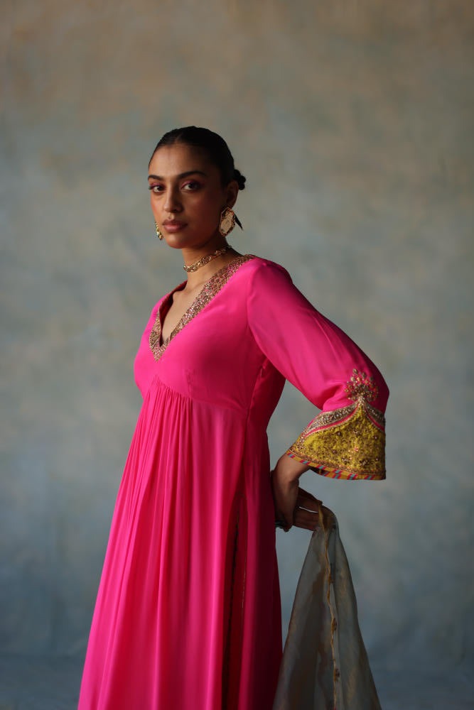 GUL HOT PINK BELL SLEEVE SILK KURTA SET by Rajiramniq for women in Singapore