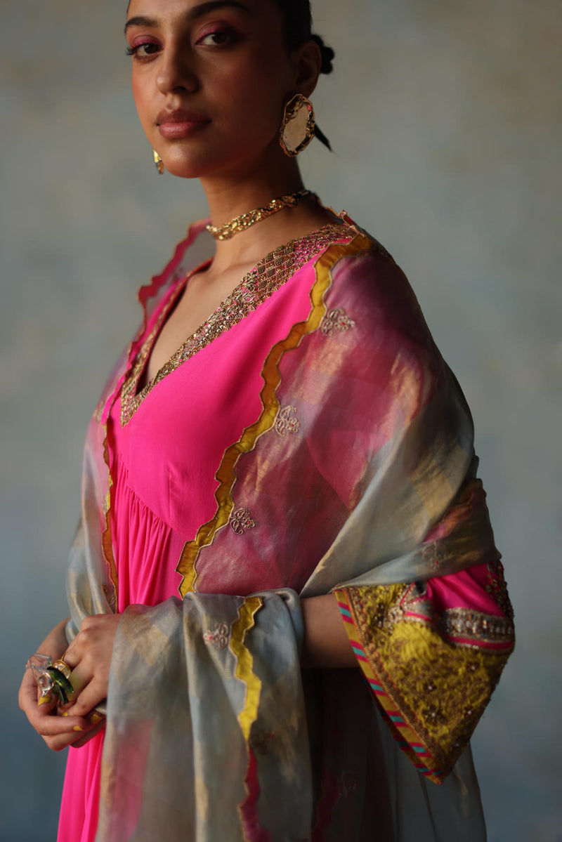 GUL HOT PINK BELL SLEEVE SILK KURTA SET by Rajiramniq for women in Singapore