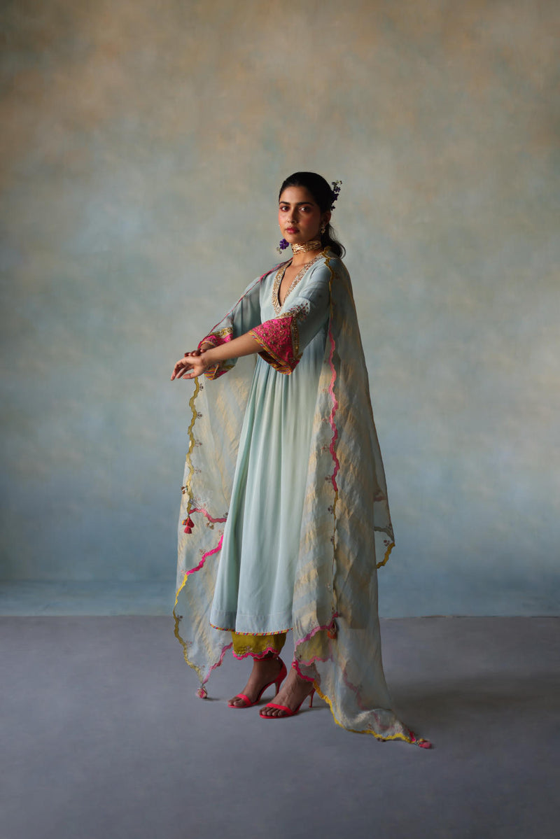 GUL ICE BLUE BELL SLEEVE SILK KURTA SET by Rajiramniq for women in Singapore