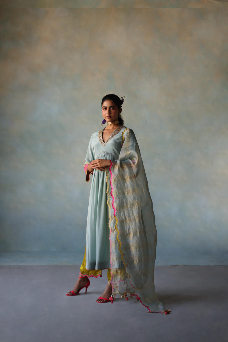 GUL ICE BLUE BELL SLEEVE SILK KURTA SET by Rajiramniq for women in Singapore