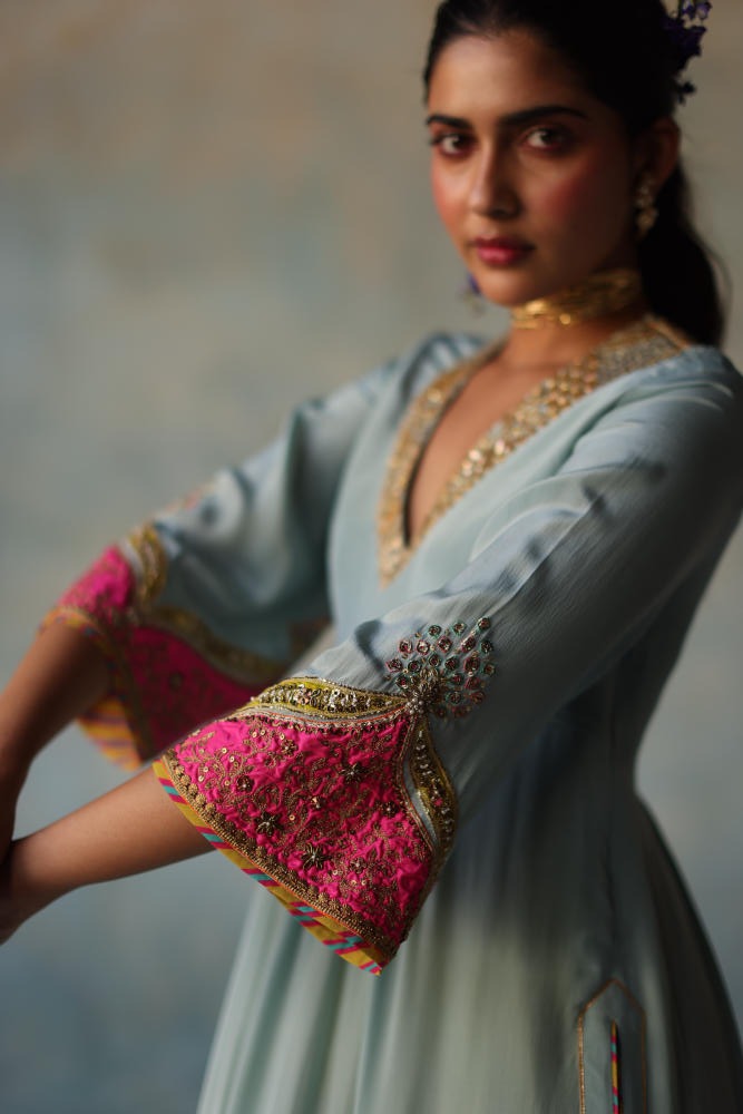 GUL ICE BLUE BELL SLEEVE SILK KURTA SET by Rajiramniq for women in Singapore