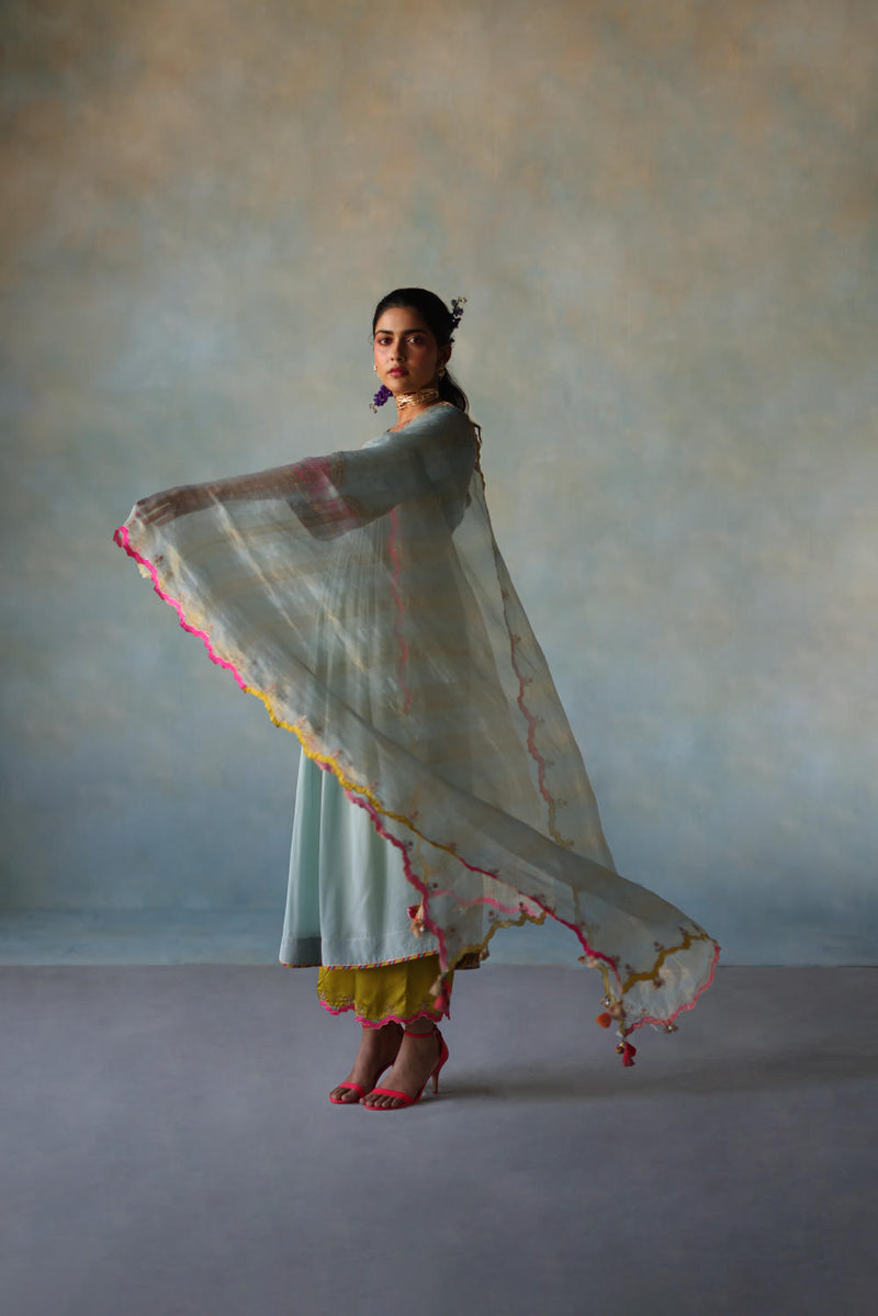 GUL ICE BLUE BELL SLEEVE SILK KURTA SET by Rajiramniq for women in Singapore