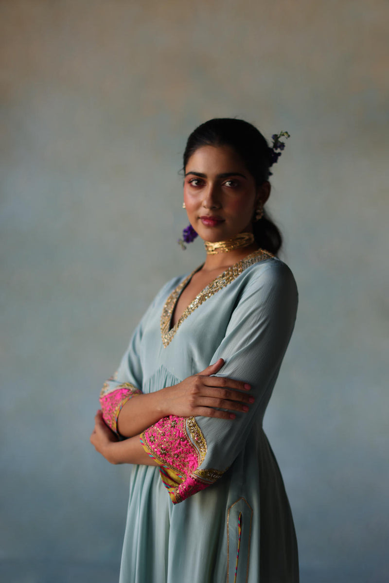 GUL ICE BLUE BELL SLEEVE SILK KURTA SET by Rajiramniq for women in Singapore