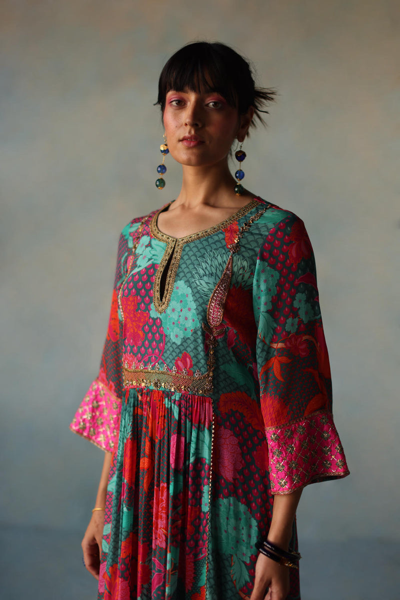 GUL TEAL YOKE CHECK SLEEVE KURTA SET by Rajiramniq for women in Singapore