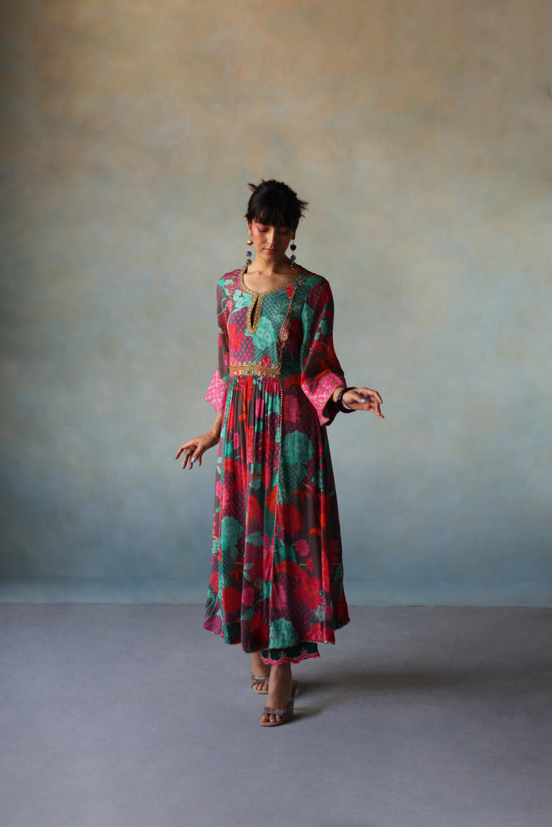 GUL TEAL YOKE CHECK SLEEVE KURTA SET by Rajiramniq for women in Singapore