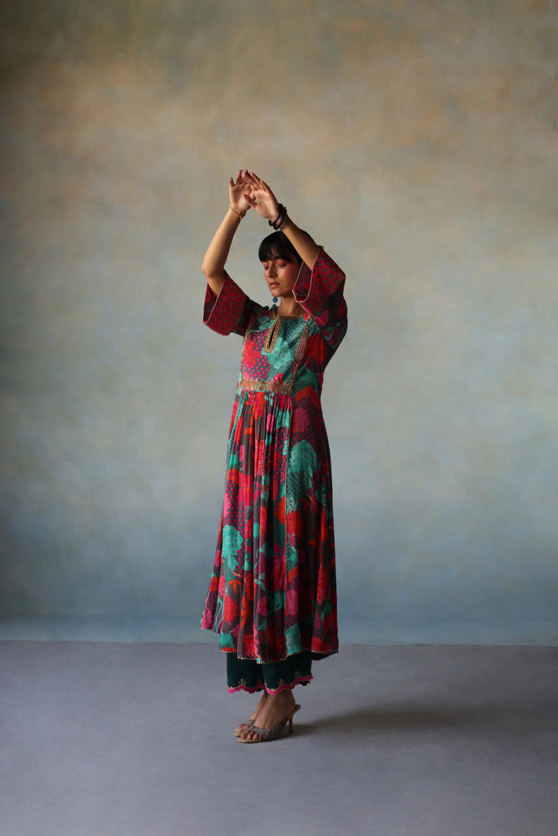 GUL TEAL YOKE CHECK SLEEVE KURTA SET by Rajiramniq for women in Singapore