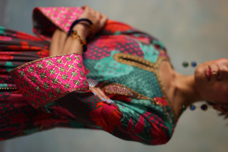 GUL TEAL YOKE CHECK SLEEVE KURTA SET by Rajiramniq for women in Singapore