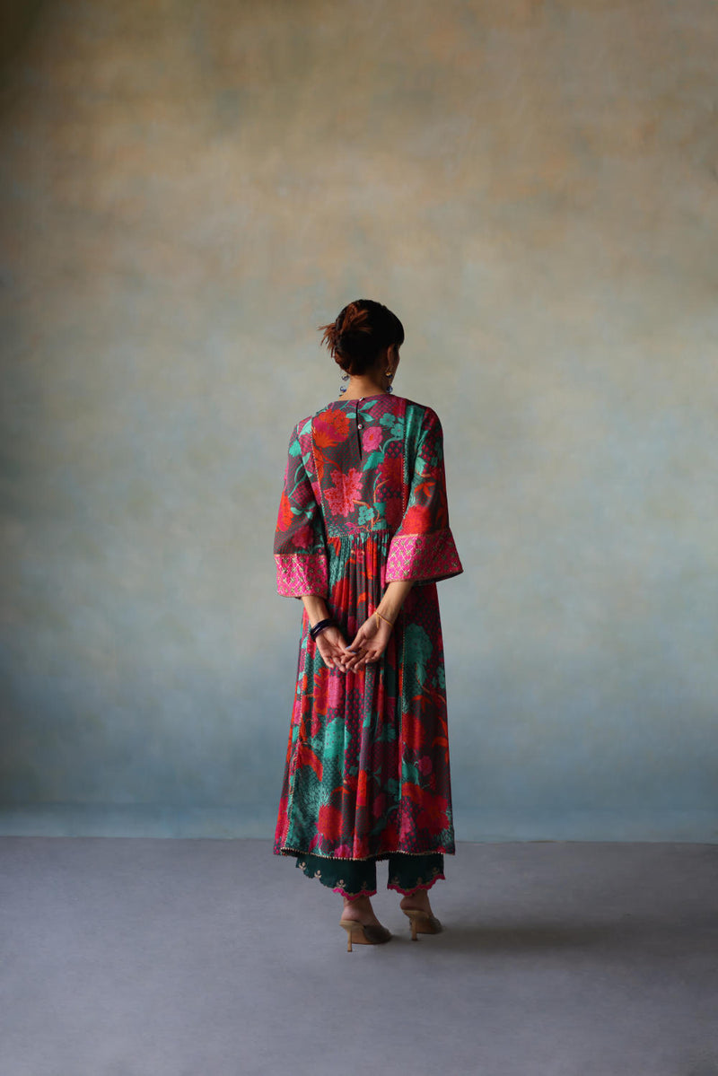 GUL TEAL YOKE CHECK SLEEVE KURTA SET by Rajiramniq for women in Singapore