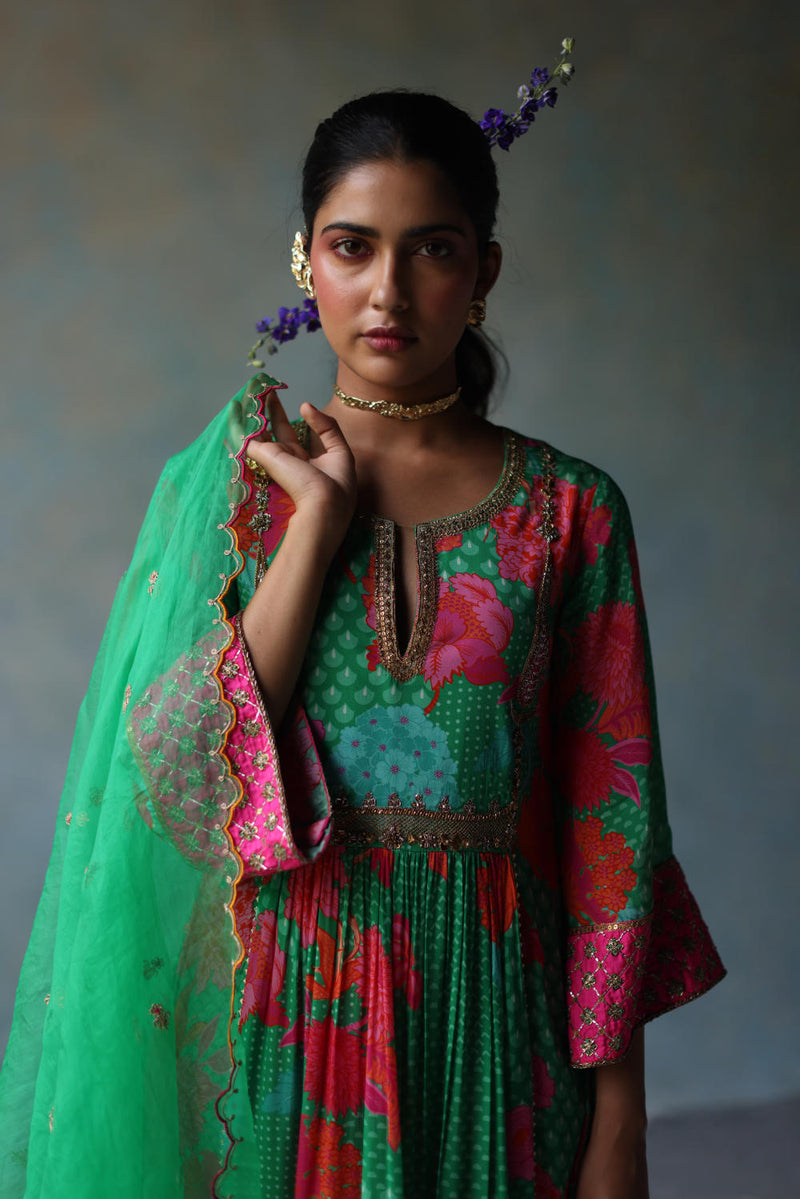 GUL GREEN YOKE CHECK SLEEVE KURTA SET by Rajiramniq for women in Singapore