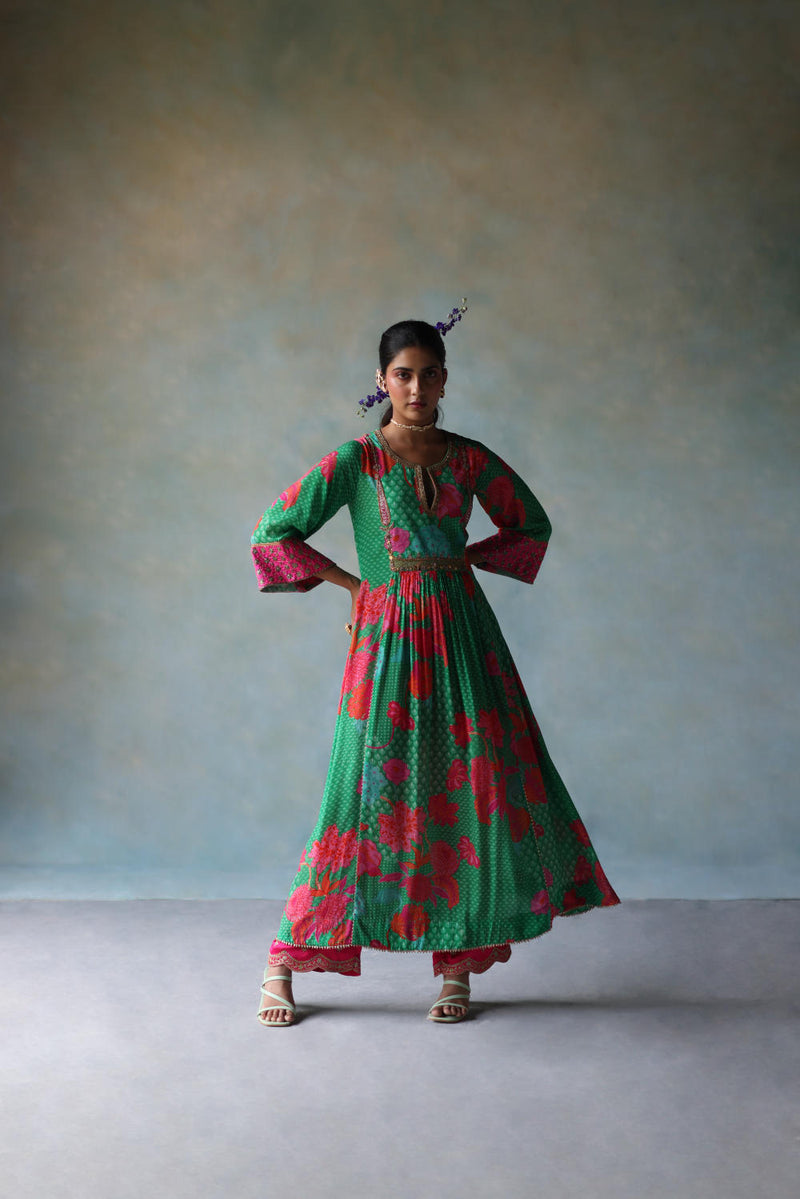 GUL GREEN YOKE CHECK SLEEVE KURTA SET by Rajiramniq for women in Singapore