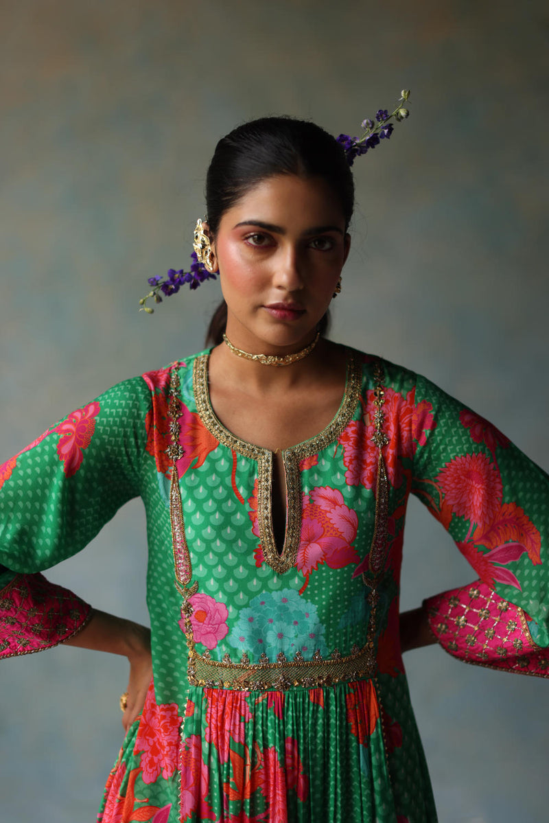 GUL GREEN YOKE CHECK SLEEVE KURTA SET by Rajiramniq for women in Singapore
