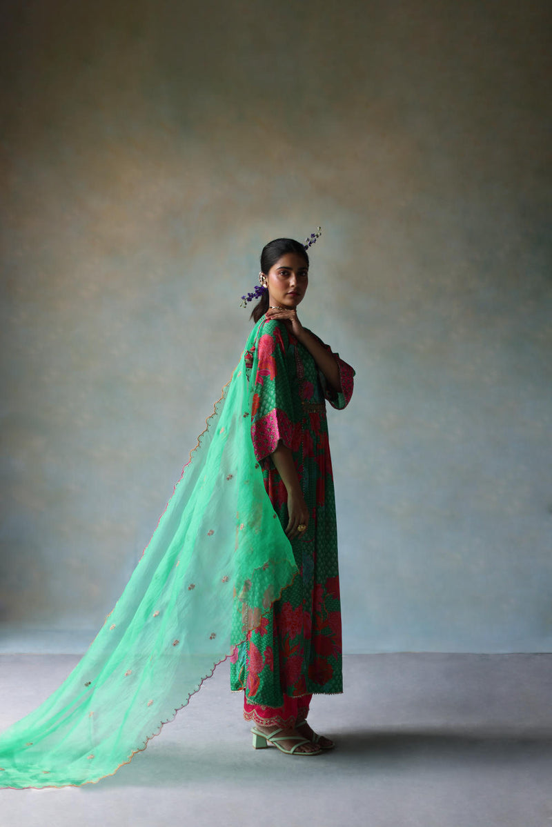 GUL GREEN YOKE CHECK SLEEVE KURTA SET by Rajiramniq for women in Singapore