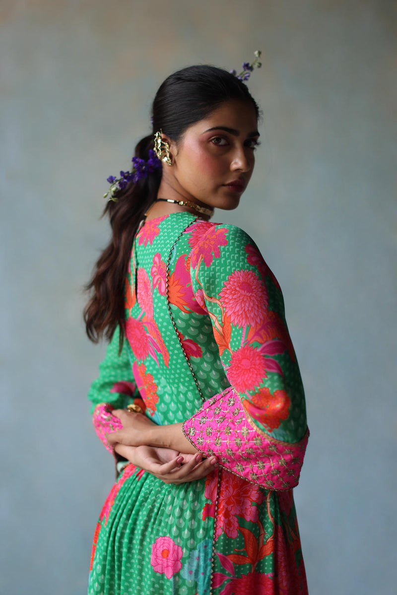 GUL GREEN YOKE CHECK SLEEVE KURTA SET by Rajiramniq for women in Singapore