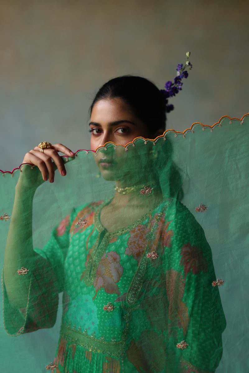 GUL GREEN YOKE CHECK SLEEVE KURTA SET by Rajiramniq for women in Singapore