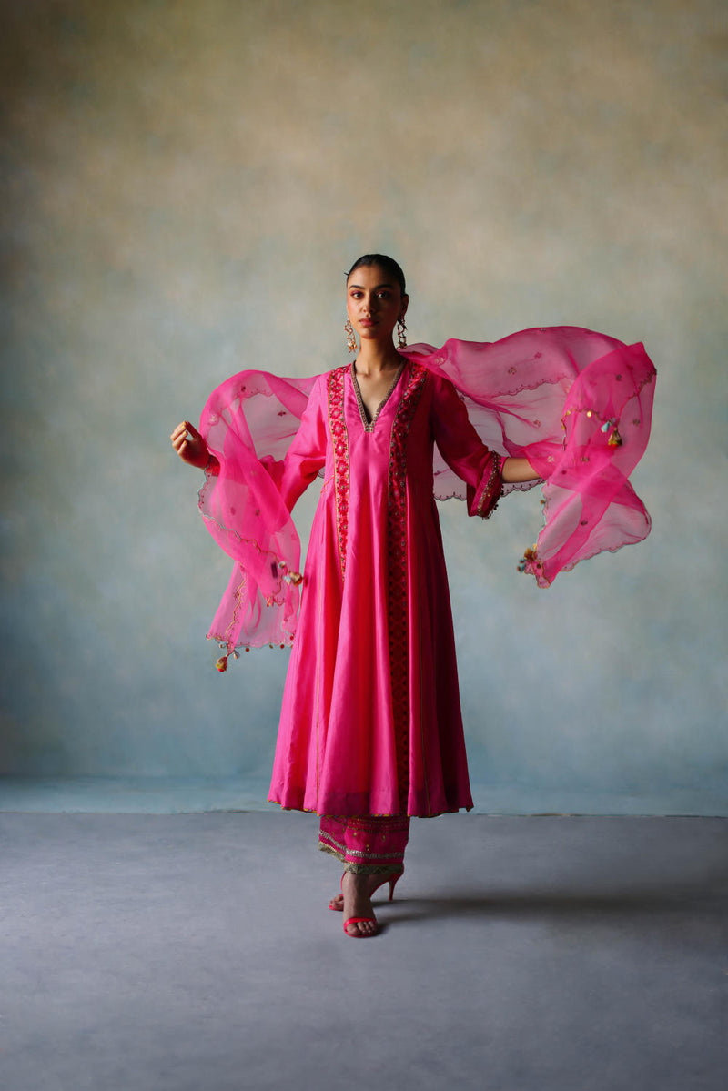 GUL HOT PINK SIDE KALI SILK KURTA SET silk by Rajiramniq for women in Singapore
