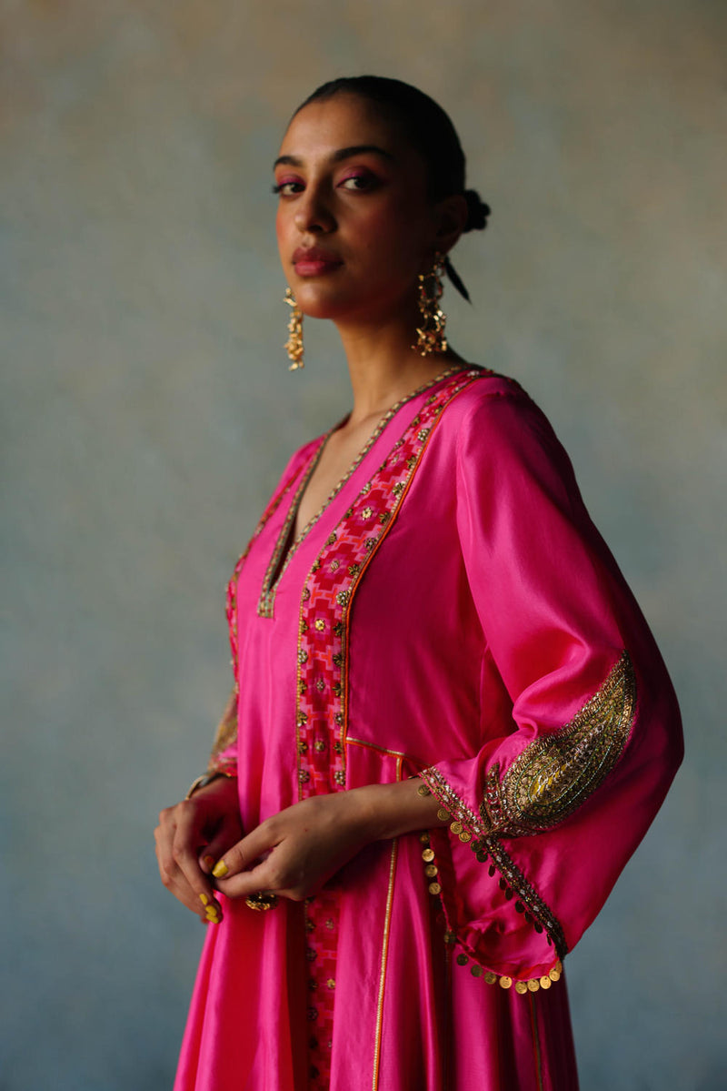 GUL HOT PINK SIDE KALI SILK KURTA SET silk by Rajiramniq for women in Singapore