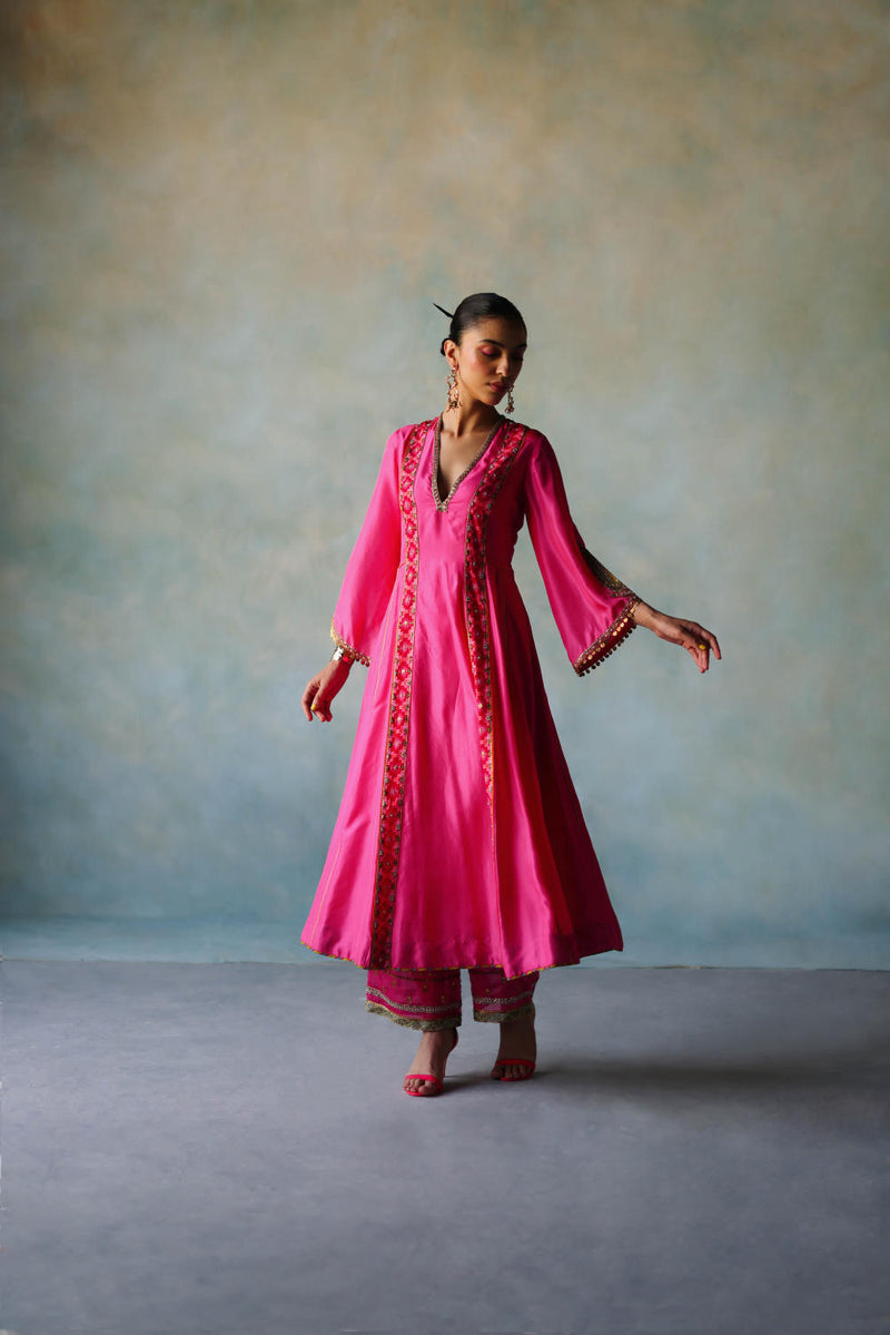 GUL HOT PINK SIDE KALI SILK KURTA SET silk by Rajiramniq for women in Singapore