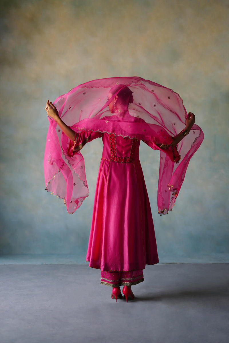 GUL HOT PINK SIDE KALI SILK KURTA SET silk by Rajiramniq for women in Singapore