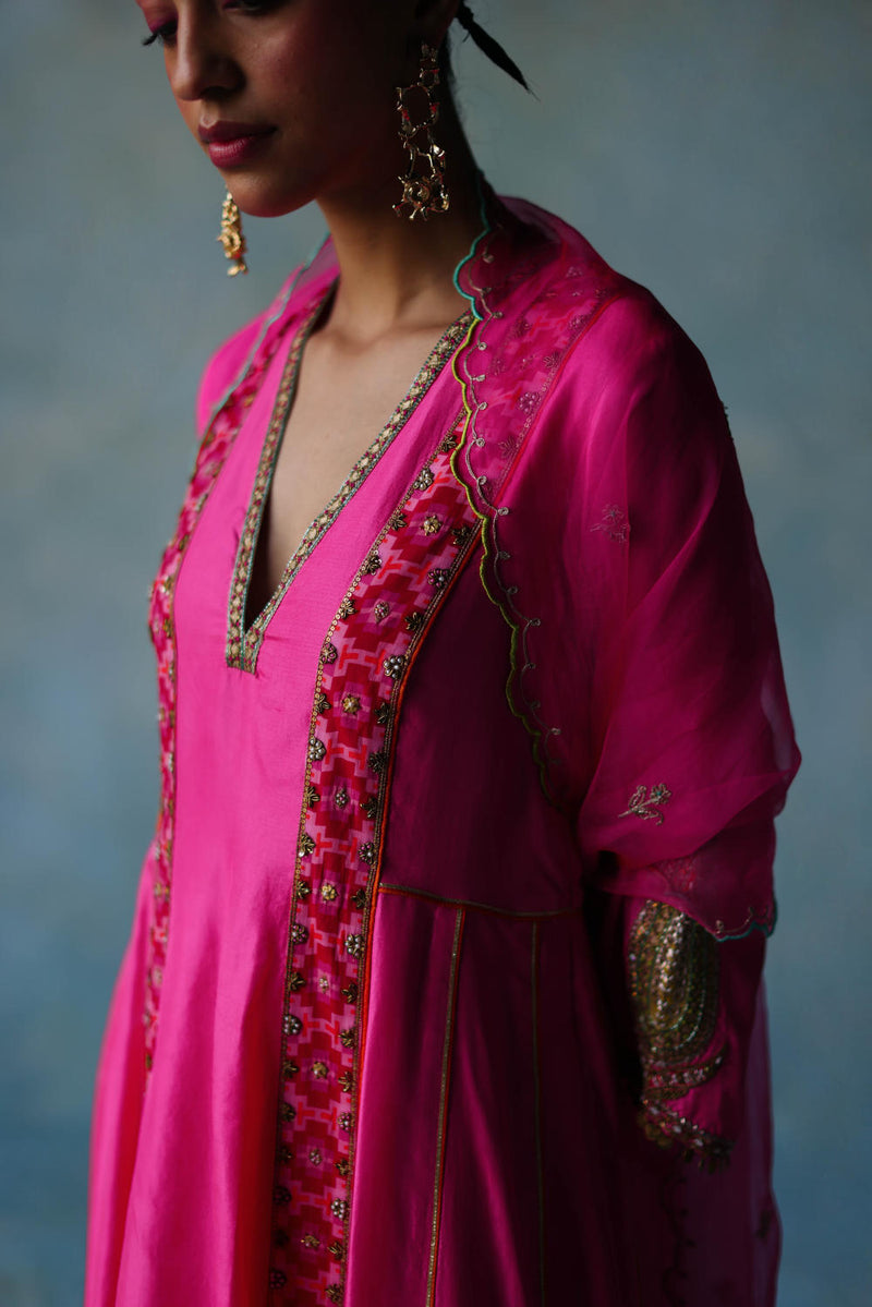 GUL HOT PINK SIDE KALI SILK KURTA SET silk by Rajiramniq for women in Singapore