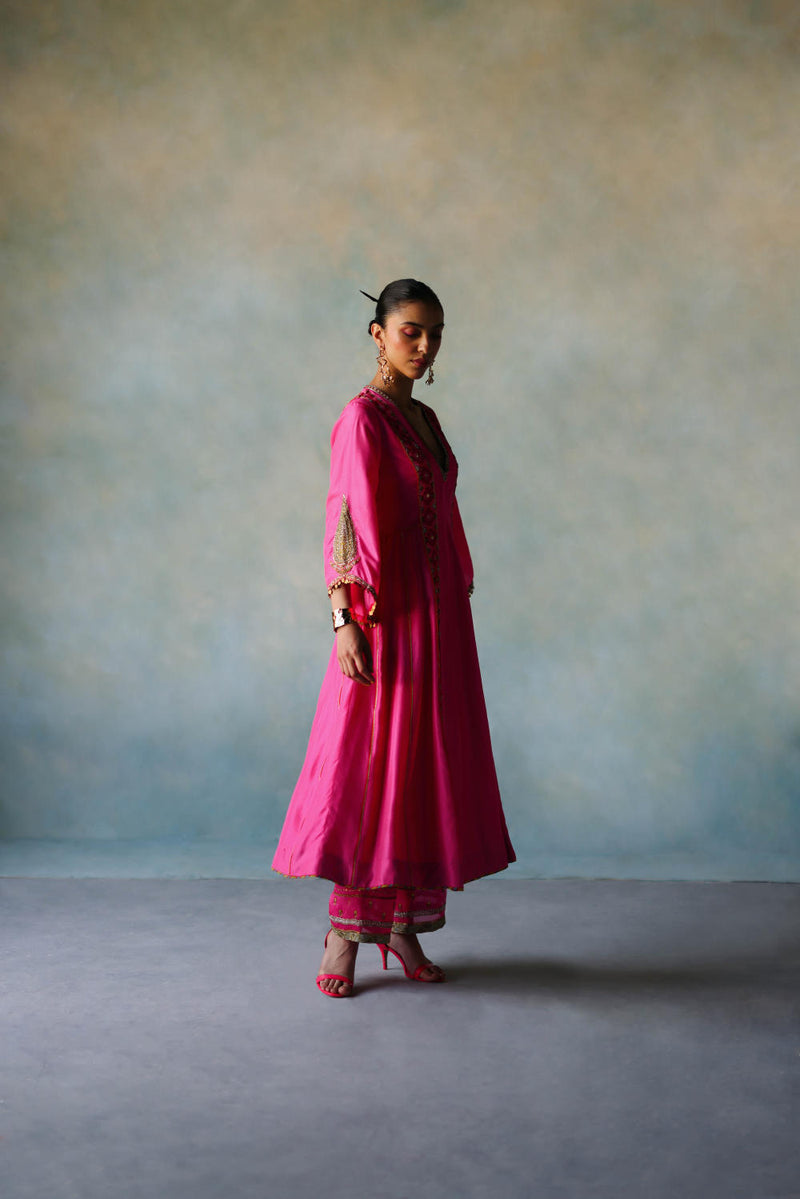 GUL HOT PINK SIDE KALI SILK KURTA SET silk by Rajiramniq for women in Singapore
