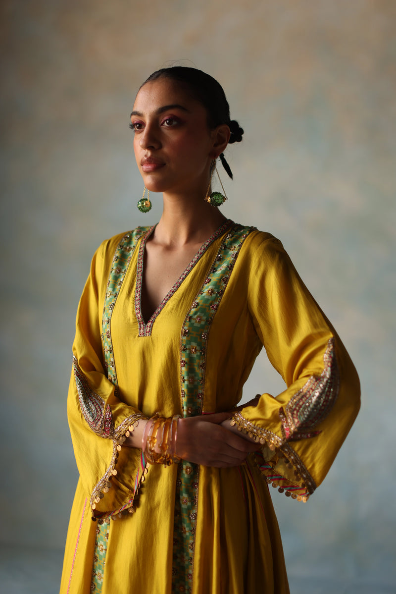 GUL LIME YELLOW SIDE KALI SILK KURTA SET silk by Rajiramniq for women in Singapore