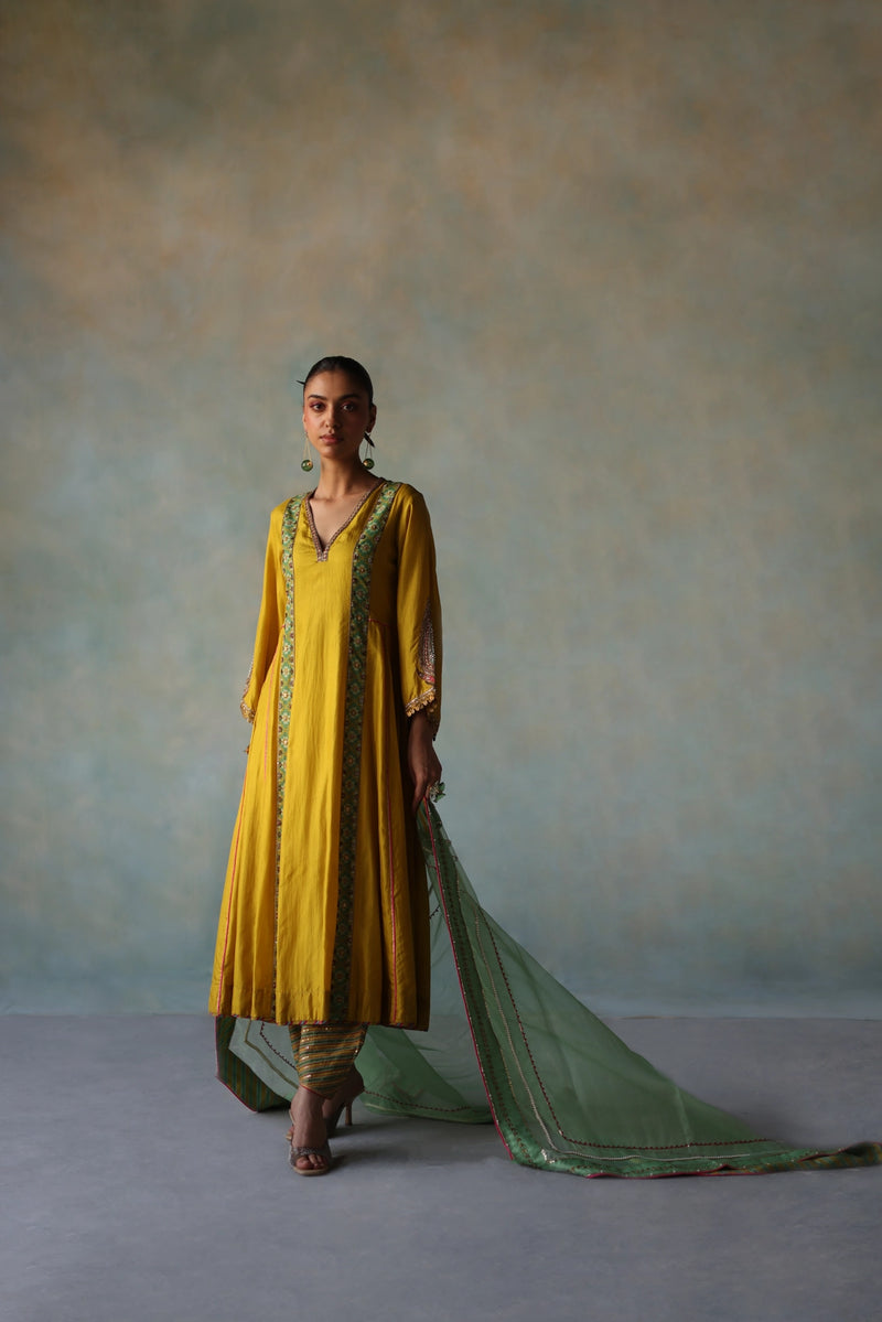 GUL LIME YELLOW SIDE KALI SILK KURTA SET silk by Rajiramniq for women in Singapore