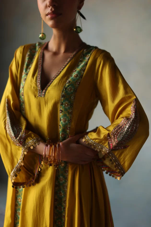 GUL LIME YELLOW SIDE KALI SILK KURTA SET silk by Rajiramniq for women in Singapore