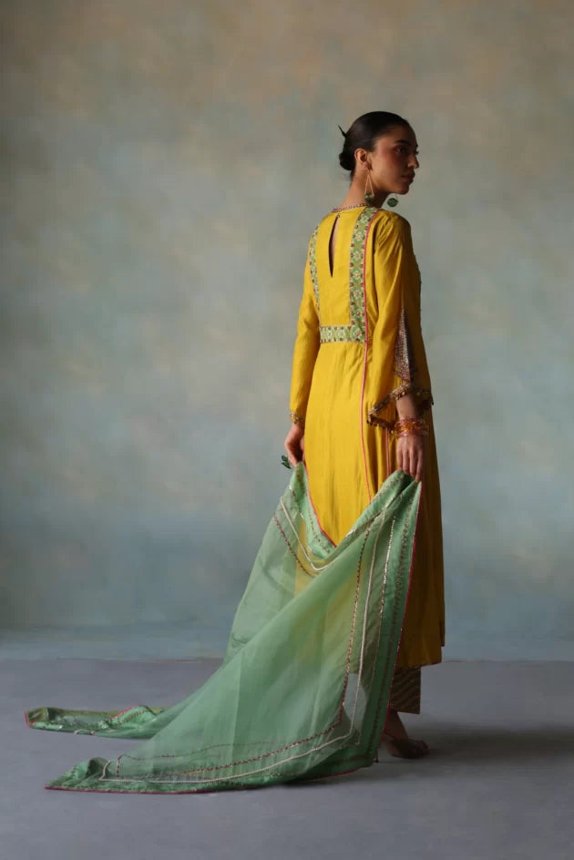 GUL LIME YELLOW SIDE KALI SILK KURTA SET silk by Rajiramniq for women in Singapore