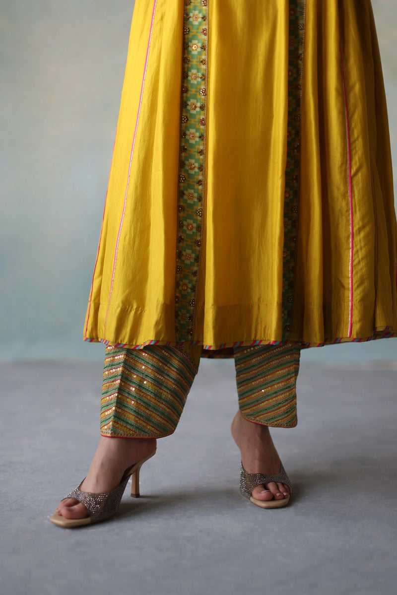 GUL LIME YELLOW SIDE KALI SILK KURTA SET silk by Rajiramniq for women in Singapore