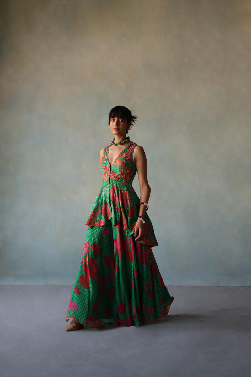 GUL GREEN CREPE PEPLUM SHARARA SET by Rajiramniq for women in Singapore