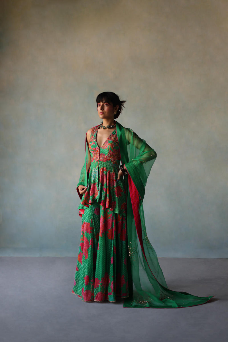 GUL GREEN CREPE PEPLUM SHARARA SET by Rajiramniq for women in Singapore