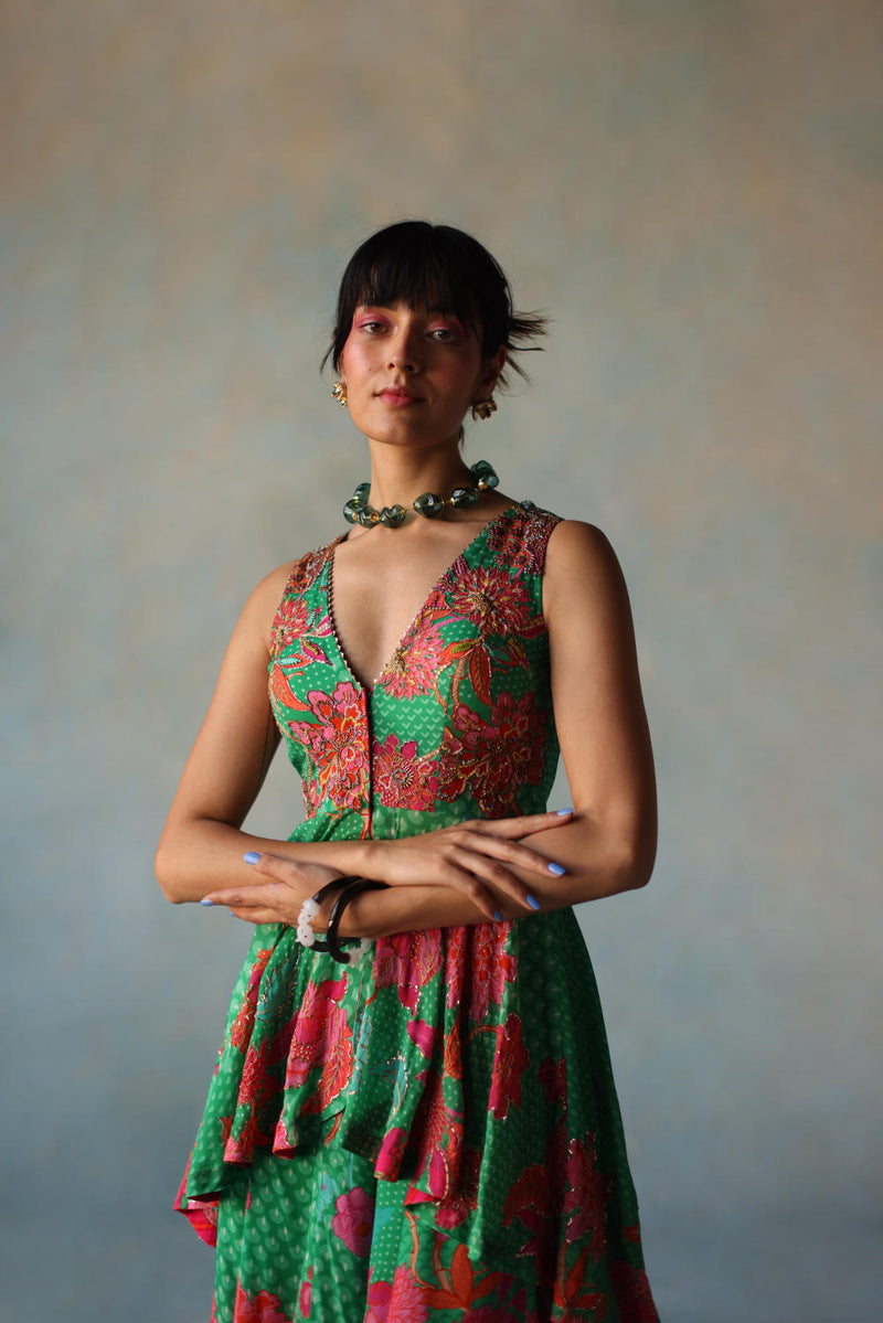 GUL GREEN CREPE PEPLUM SHARARA SET by Rajiramniq for women in Singapore