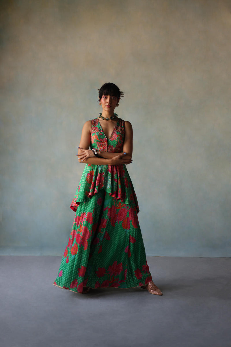 GUL GREEN CREPE PEPLUM SHARARA SET by Rajiramniq for women in Singapore