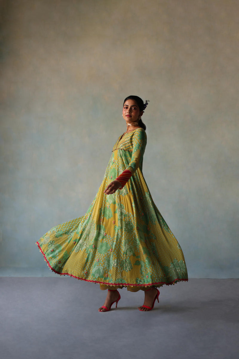 GUL LIME -SAGE GREEN PRINTED CREPE SHORT YOKE ANARKALI SET by Rajiramniq for women in Singapore