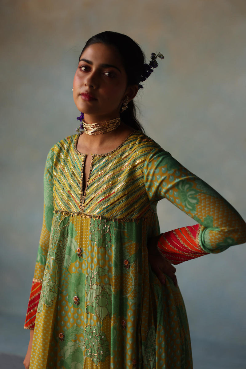 GUL LIME -SAGE GREEN PRINTED CREPE SHORT YOKE ANARKALI SET by Rajiramniq for women in Singapore