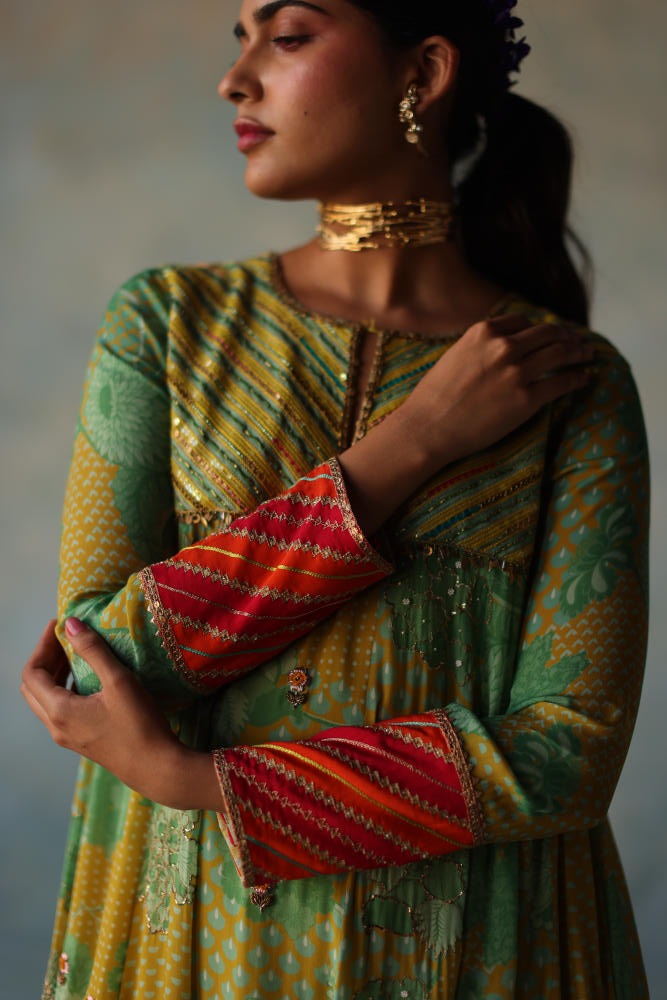 GUL LIME -SAGE GREEN PRINTED CREPE SHORT YOKE ANARKALI SET by Rajiramniq for women in Singapore