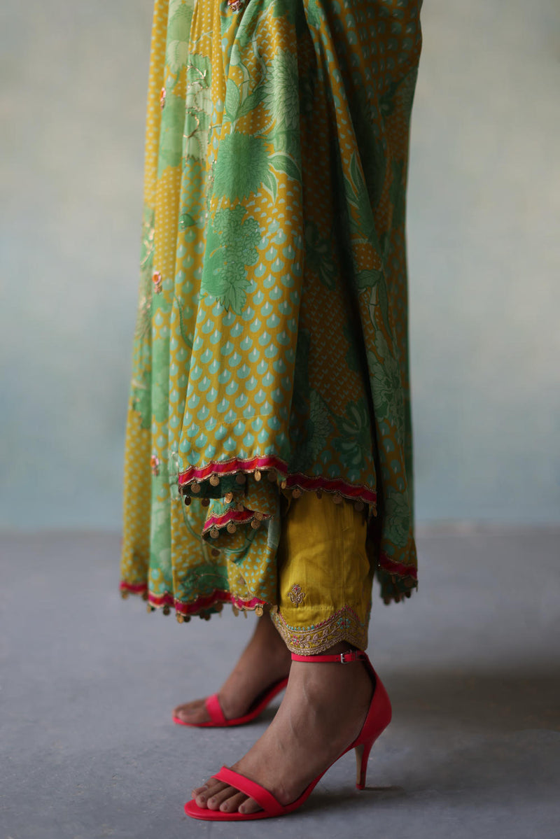 GUL LIME -SAGE GREEN PRINTED CREPE SHORT YOKE ANARKALI SET by Rajiramniq for women in Singapore