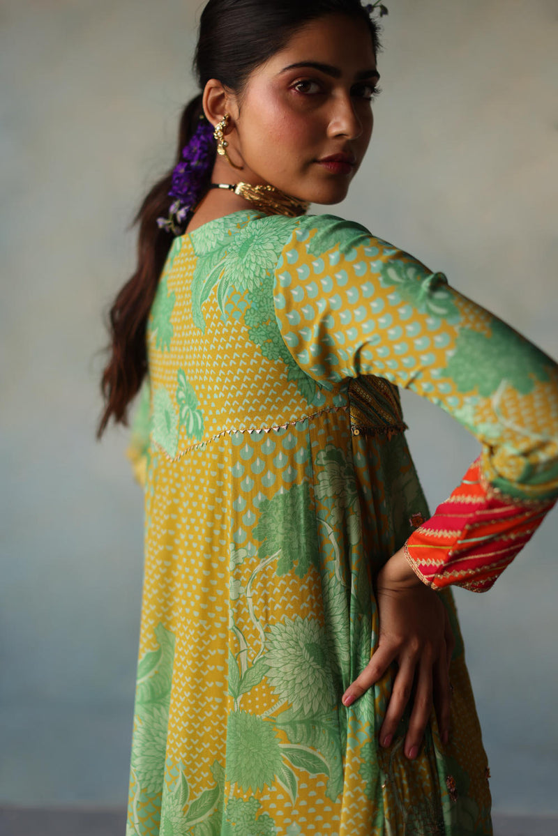 GUL LIME -SAGE GREEN PRINTED CREPE SHORT YOKE ANARKALI SET by Rajiramniq for women in Singapore