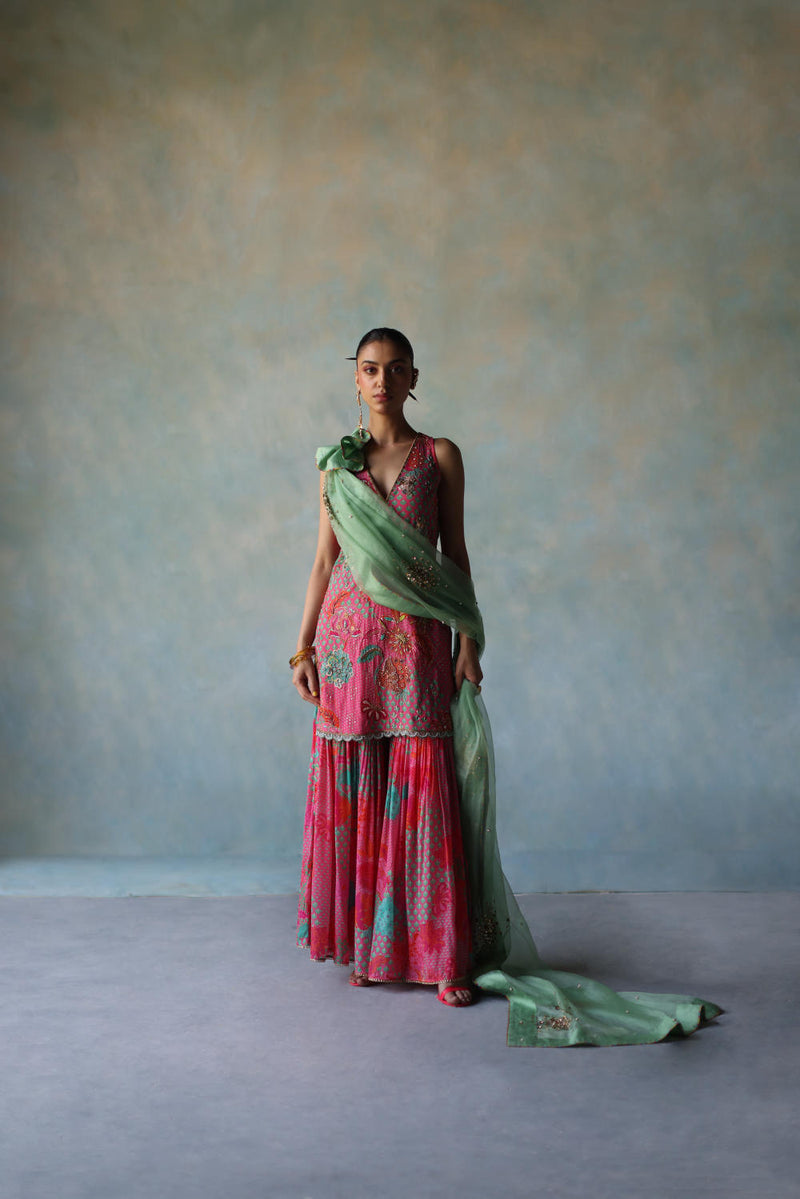 GUL BRIGHT PINK FLORAL CREPE GHARARA SET by Rajiramniq for women in Singapore