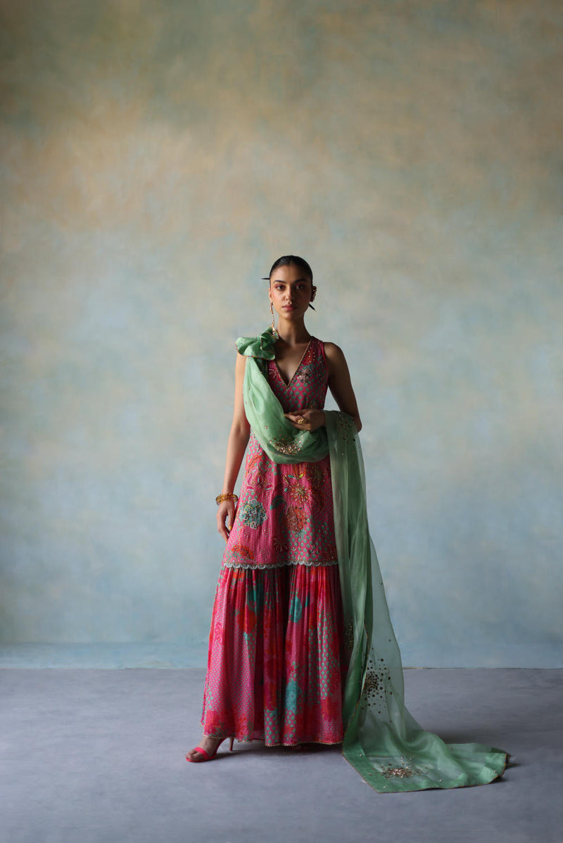 GUL BRIGHT PINK FLORAL CREPE GHARARA SET by Rajiramniq for women in Singapore