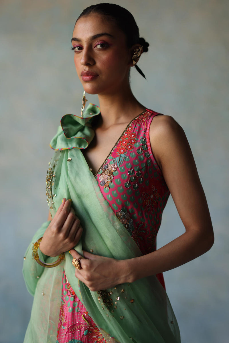 GUL BRIGHT PINK FLORAL CREPE GHARARA SET by Rajiramniq for women in Singapore