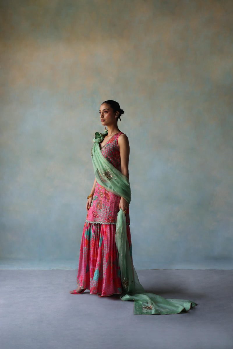 GUL BRIGHT PINK FLORAL CREPE GHARARA SET by Rajiramniq for women in Singapore