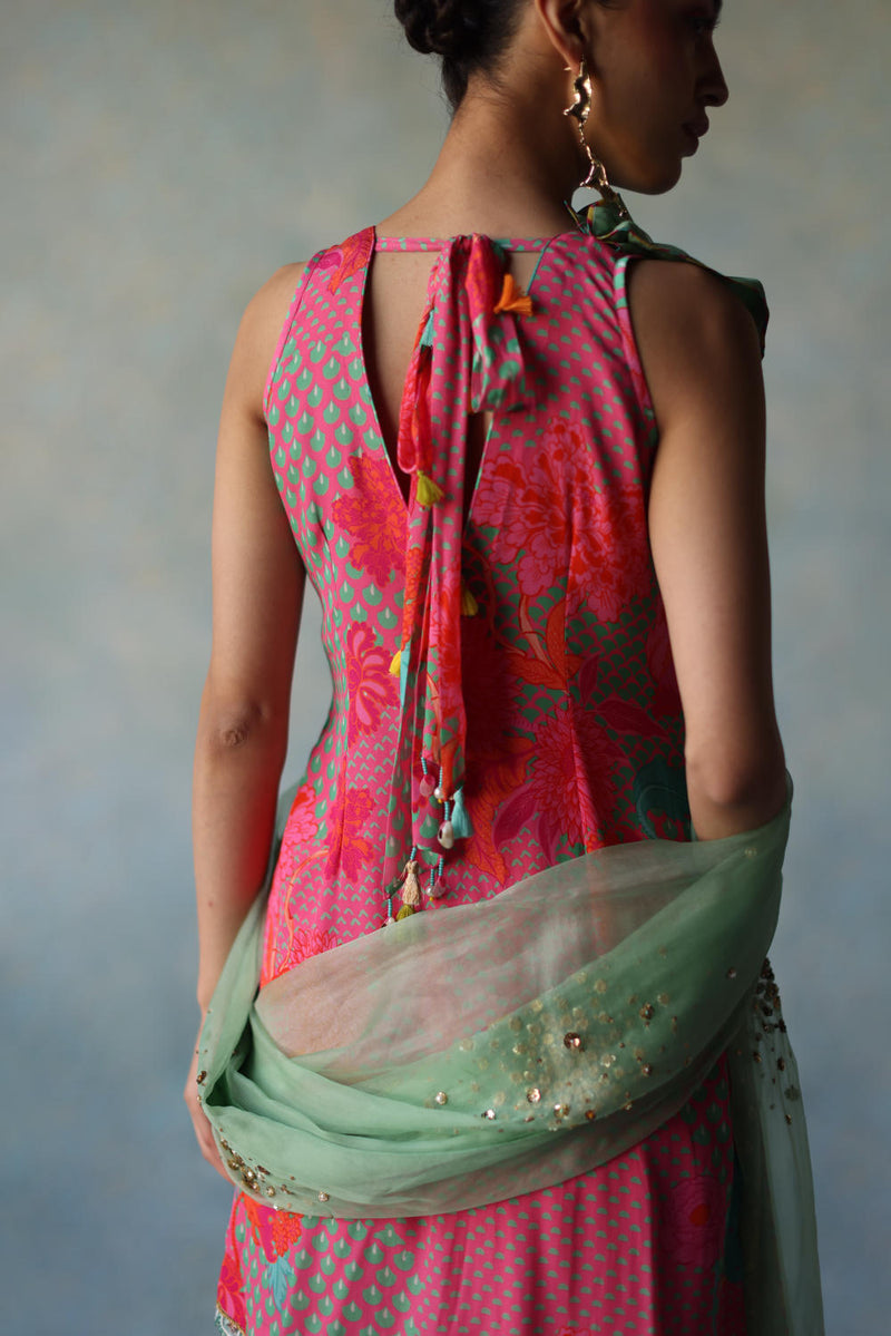 GUL BRIGHT PINK FLORAL CREPE GHARARA SET by Rajiramniq for women in Singapore