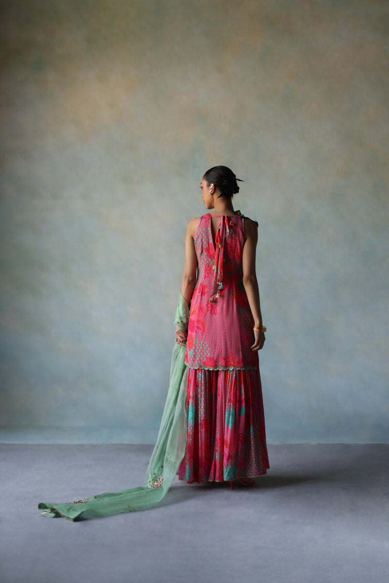 GUL BRIGHT PINK FLORAL CREPE GHARARA SET by Rajiramniq for women in Singapore