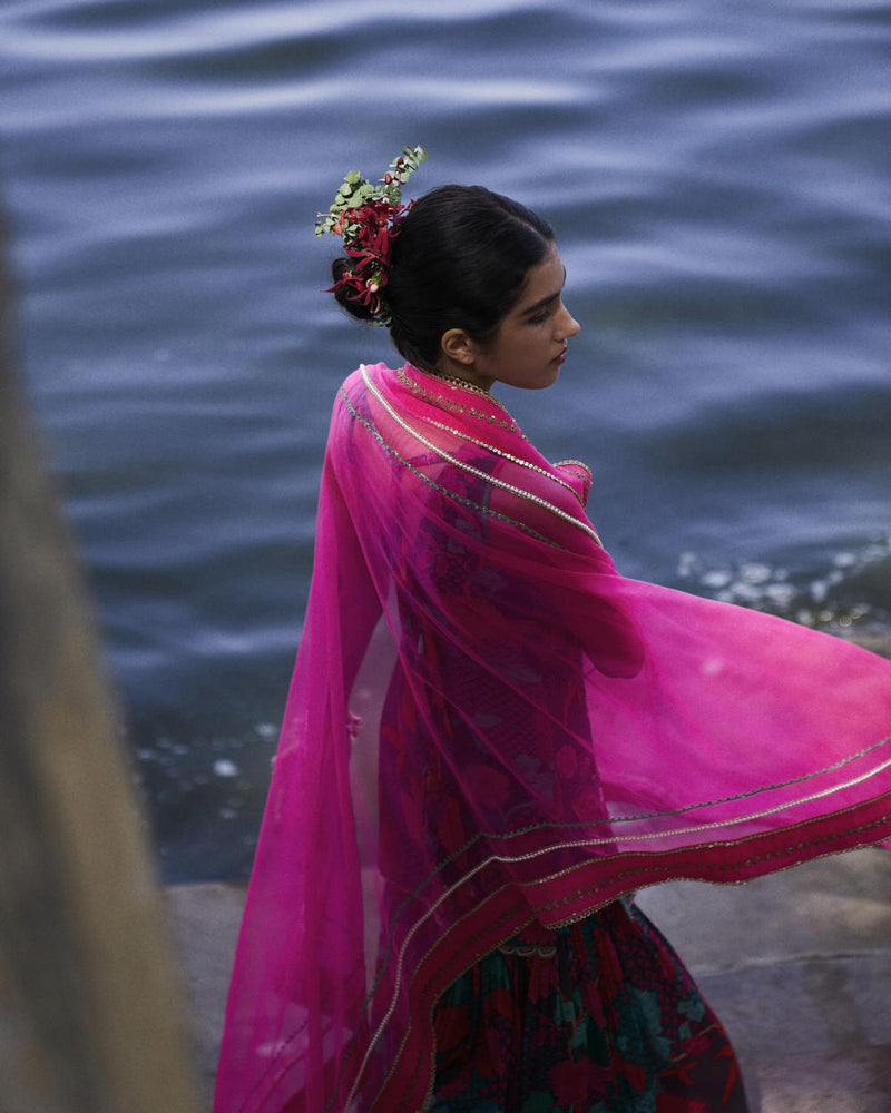 GUL TEAL FLORAL CREPE GHARARA SET by Rajiramniq for women in Singapore