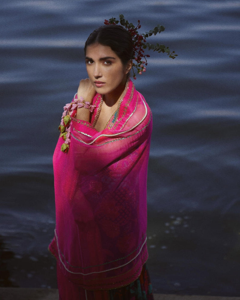 GUL TEAL FLORAL CREPE GHARARA SET by Rajiramniq for women in Singapore