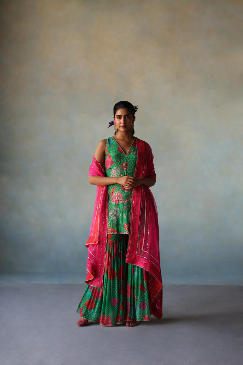 GUL GREEN FLORAL CREPE GHARARA SET by Rajiramniq for women in Singapore